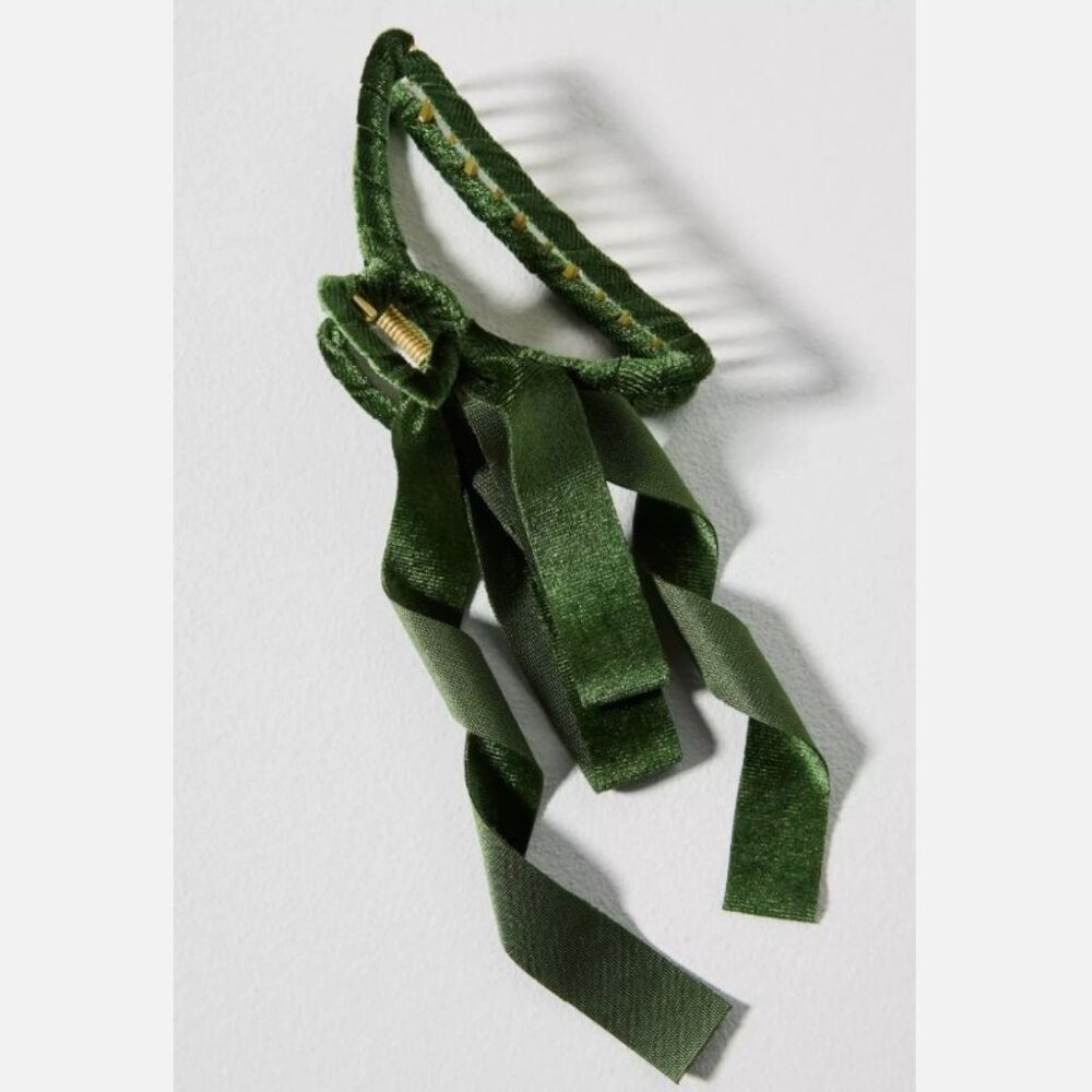 NWT Anthropologie Velvet Bow Ribbon Hair Claw Clip Moss Green